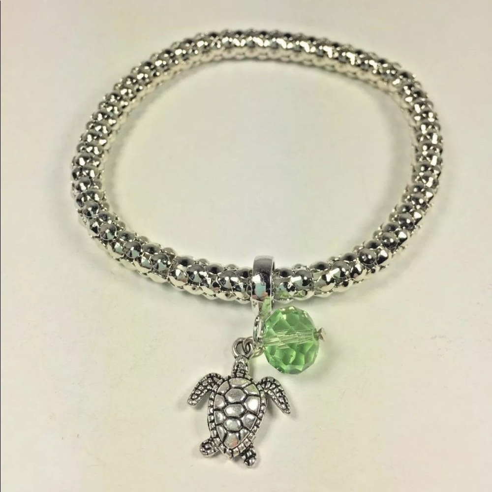 Silver Sea Turtle and Green Ball Charm Bracelet